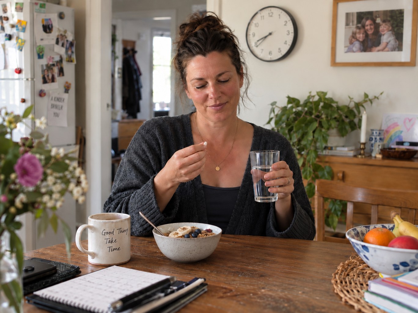 Woman having breakfast at a dining table at home