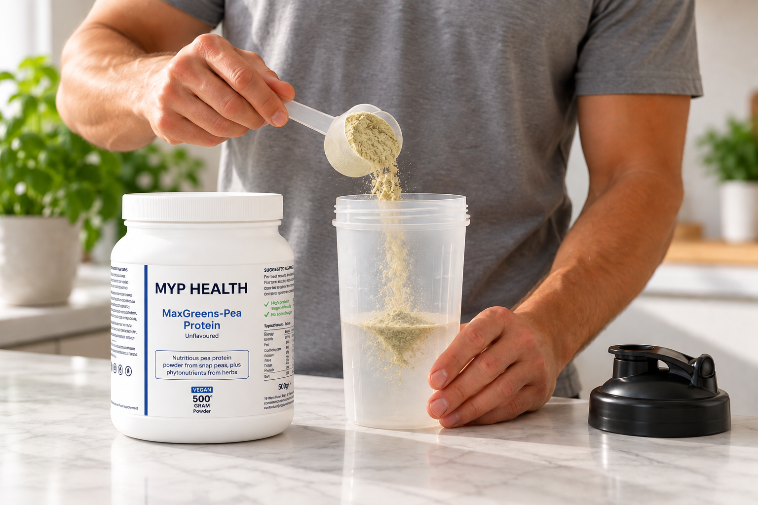 Man adding a scoop of MaxGreens Pea Protein to a shaker bottle in a kitchen