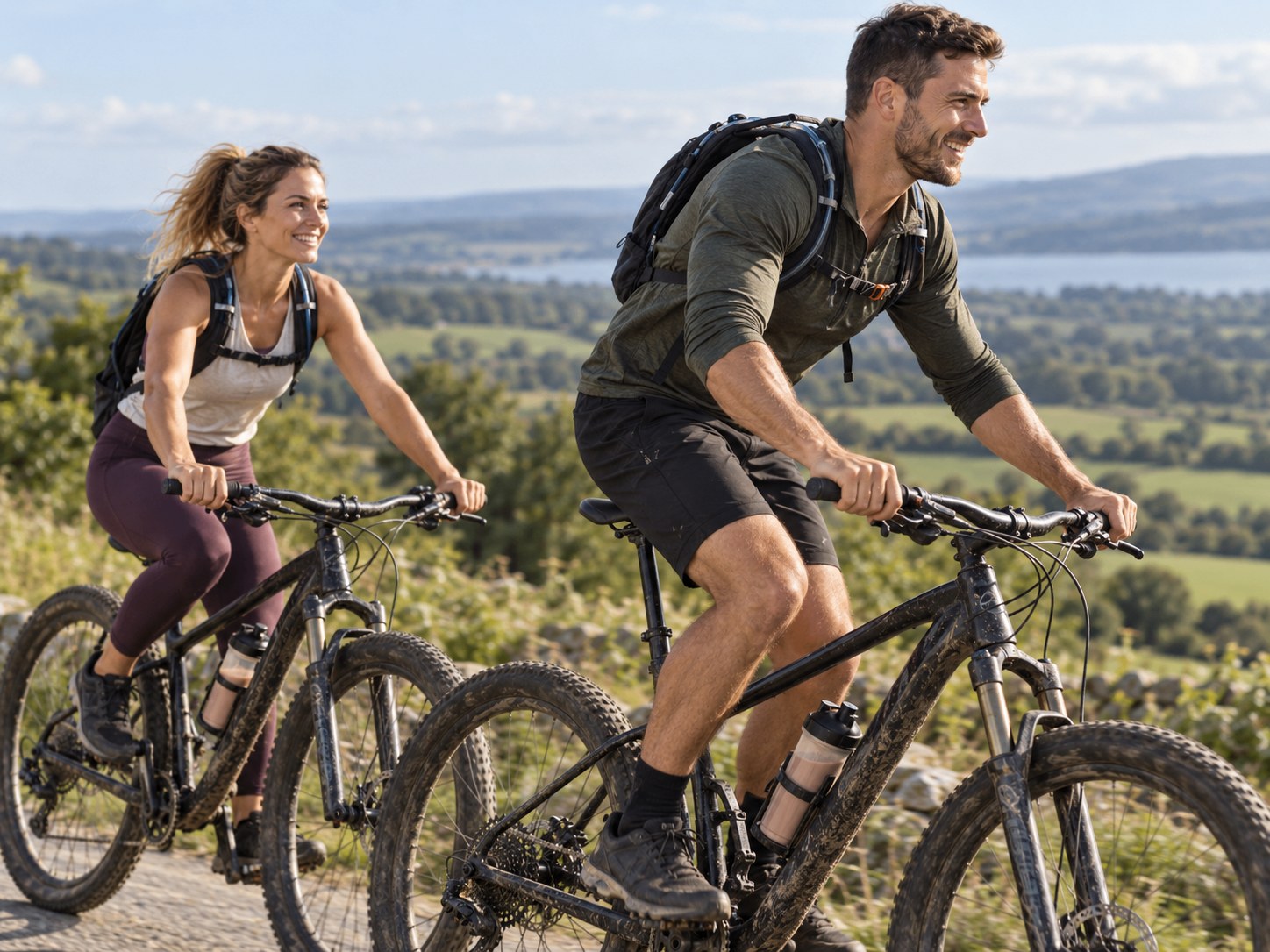 Man and woman mountain biking in the countryside with their shaker bottles