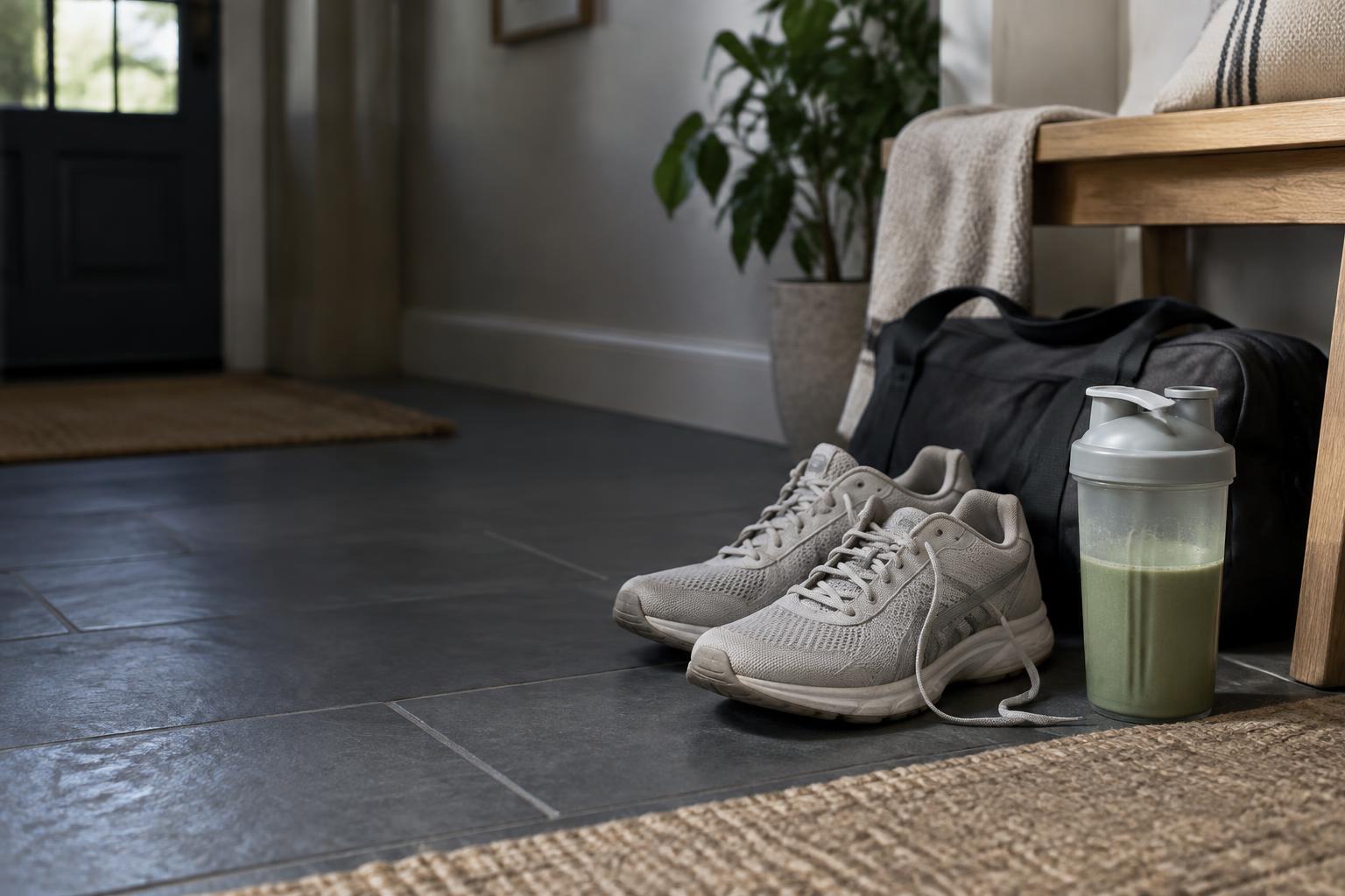 Training shoes and a shaker with a green drink in a home hallway